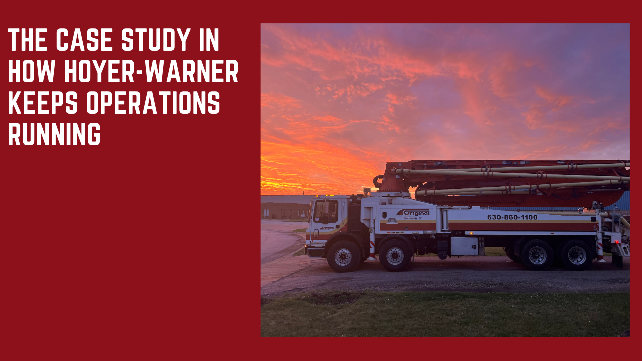 Truck with equipment against a sunset sky, text about Hoyer-Warner operations.