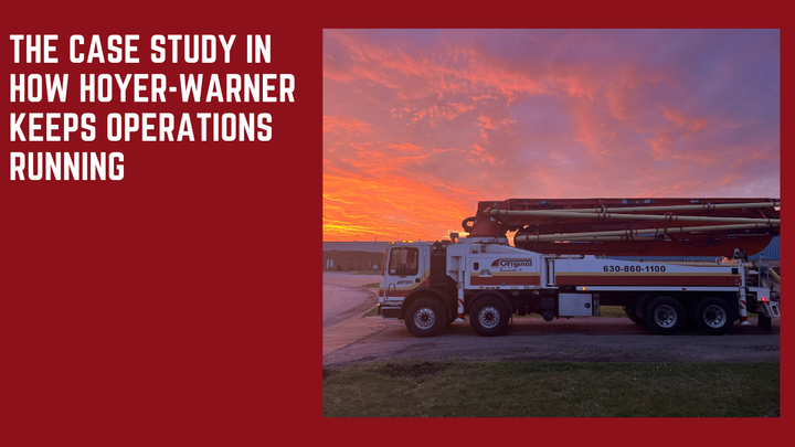 Truck with equipment against a sunset sky, text about Hoyer-Warner operations.