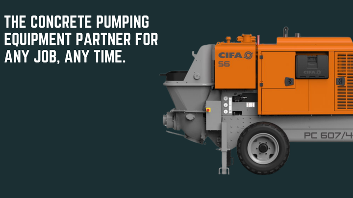 Orange concrete pump with text 'The concrete pumping equipment partner for any job, any time.'
