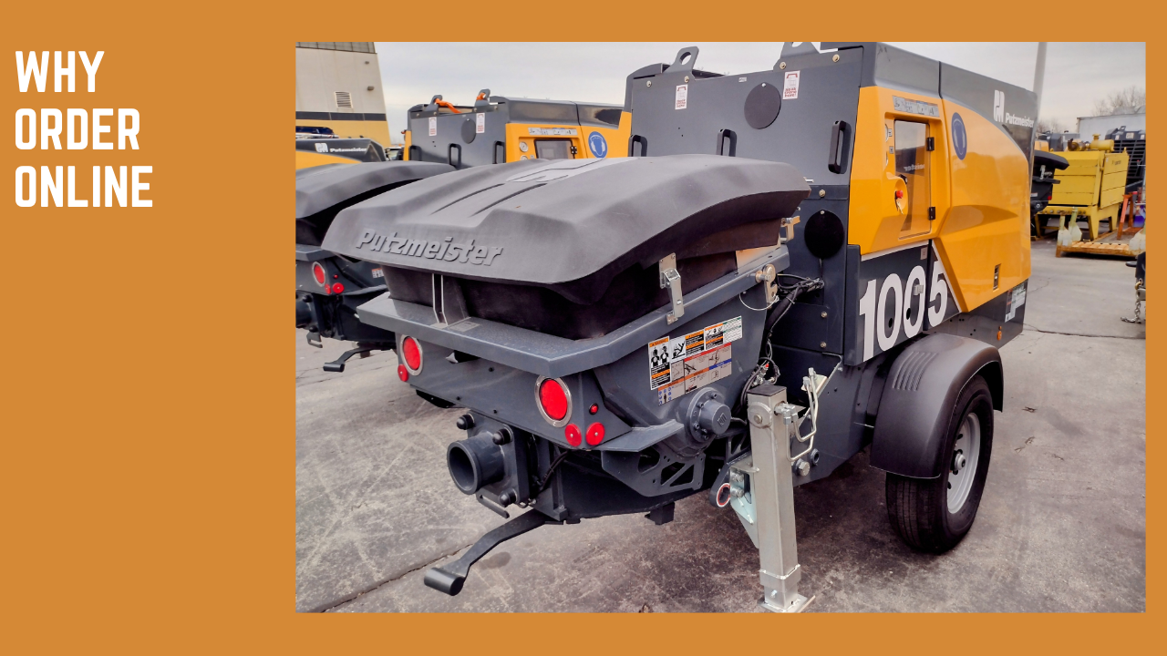Heavy-duty compressor with on a concrete surface, with an orange border and text 'Why Order Online'.